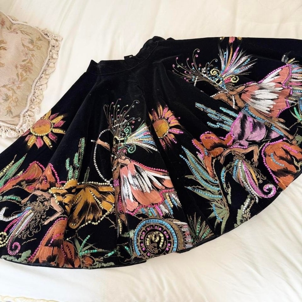 50s black floral mexican circle skirt‎ handpainted